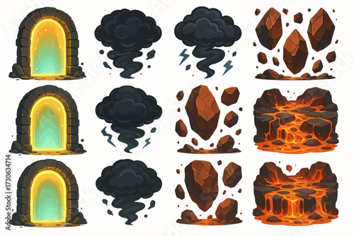 Fantasy game icons: magic portals, thunderstorms, floating rocks, lava pools