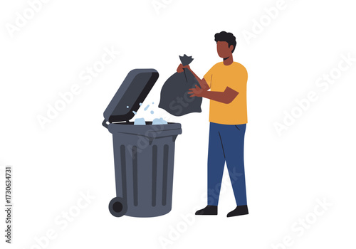 A person throws a garbage bag into an open trash bin