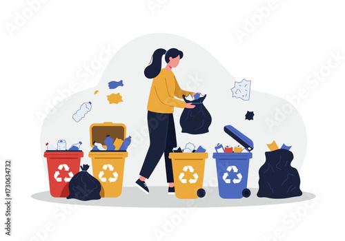 A woman disposes of refuse into recycling bins labeled with recycle symbols