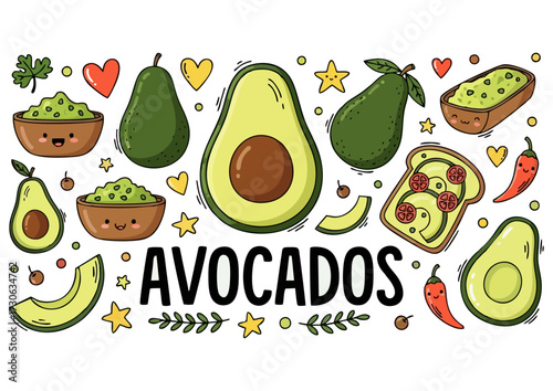 Cute avocado slice illustration with green flesh and brown pit on white background
