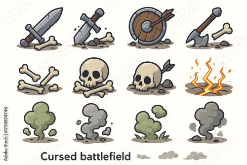 Cursed battlefield: swords, shields, skulls, and smoke on a haunted terrain