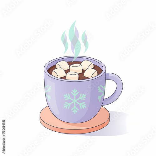 Hot chocolate with marshmallows in a winter-themed cup  