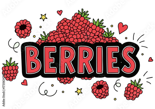 Cartoon illustration of a ripe blackberry cluster with green leaves on a white background with copy space