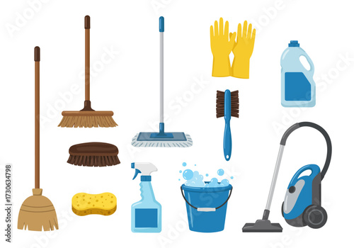An assortment of cleaning supplies arranged including brooms gloves a bucket spray bottle and vacuum cleaner
