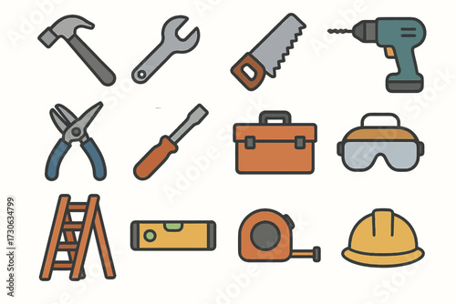 Colorful tool icons including hammer, wrench, saw, drill, pliers, and toolbox