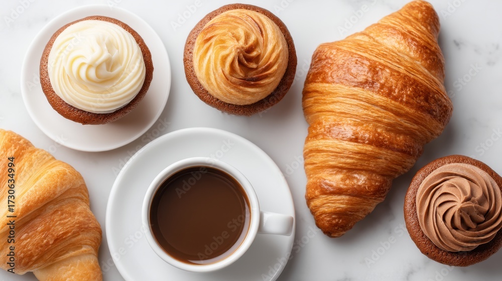 Fototapeta premium Delicious Fresh Pastries and Cupcakes with Coffee Perfect for Breakfast or Afternoon Treat on a Light Marble Background