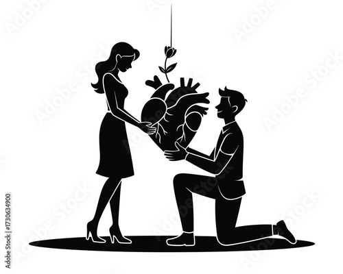 Man proposing with a heart illustration vector black and white pictogram style love romance silhouette vector illustration white background
