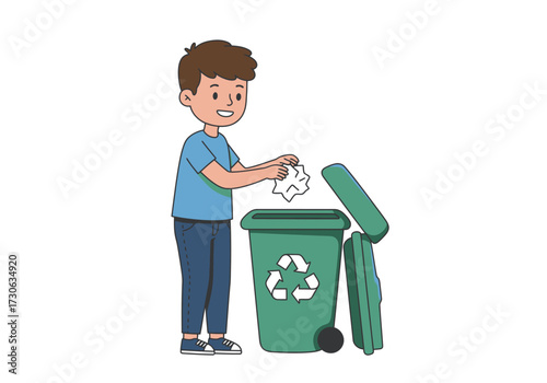 Boy throws crumpled paper into a green recycling bin with a recycling symbol