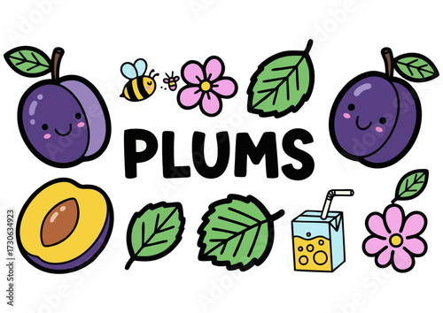 Cute plums with vibrant purple color and decorative flowers, on a whimsical garden-themed background