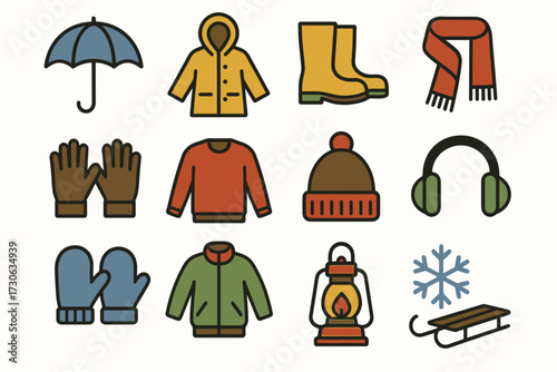 Winter clothing and accessories: jacket, gloves, scarf, boots, umbrella, sled