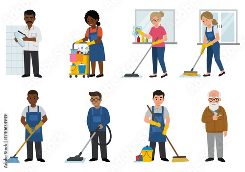 Cartoon illustration of eight people doing cleaning work in different poses and outfits