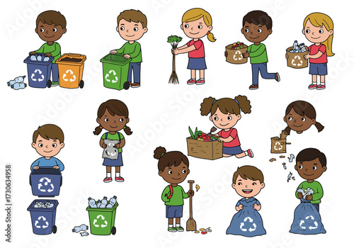 Cartoon children sorting recyclables and cleaning up waste in various scenes