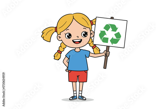Cartoon girl with blonde pigtails holds a recycling sign