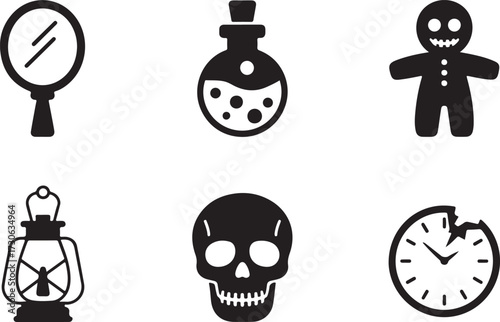 Cursed objects Halloween icon set silhouette vector