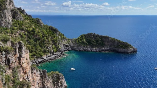 Amazing mediterranean seascape near Marina di Camerota during a sunny summer day. Cilento, Campania, Italy.