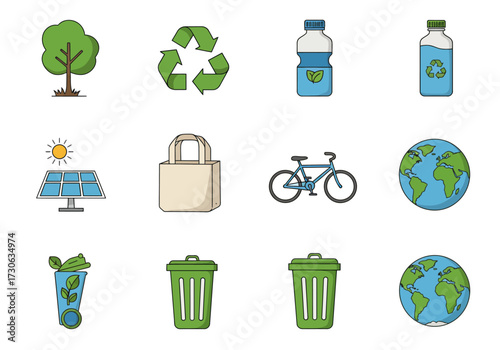 Cartoon image of 12 icons related to environmental conservation