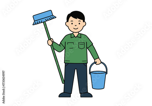 Cartoon of a smiling janitor holding a broom and bucket