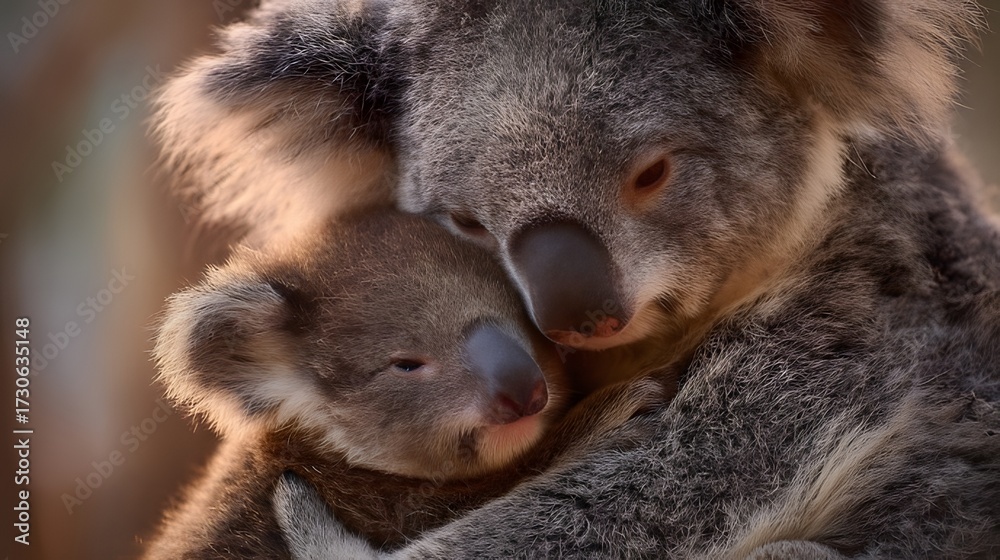 Fototapeta premium Koala mother and joey sharing a tender hug