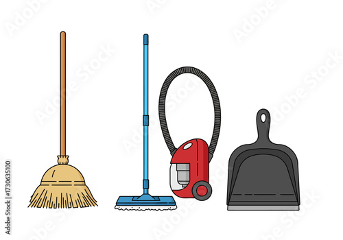 Cleaning supplies broom mop vacuum dustpan