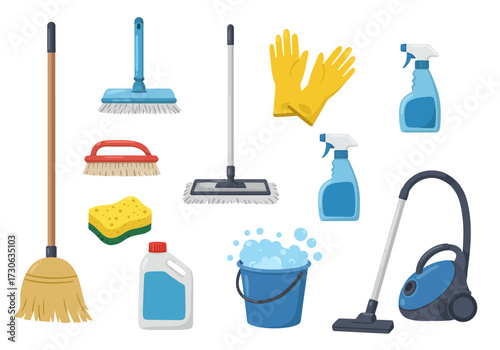 Cleaning supplies broom mop gloves bottles sponge bucket vacuum cleaner