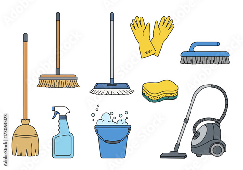 Cleaning supplies brooms mop gloves brush sponge spray bottle bucket with foam and a vacuum cleaner are illustrated