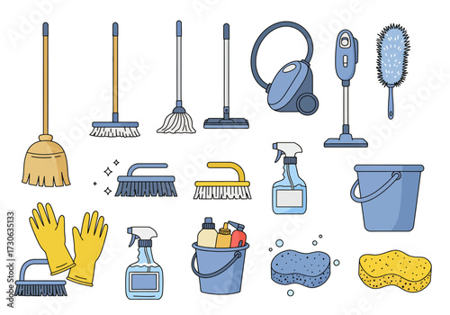 Cleaning supplies brooms mops vacuums brushes sprays buckets gloves and sponges against a white background