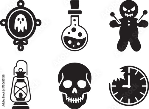 Cursed objects Halloween icon set silhouette vector