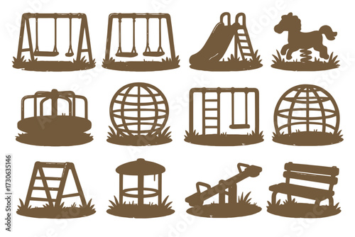 Vintage playground equipment collection with swings, slide, and seesaw designs
