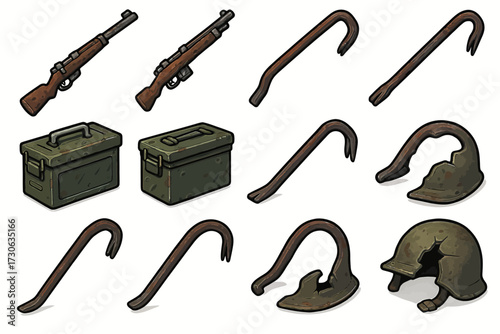 Vintage weapons and tools collection: rifles, crowbars, helmets, ammo boxes