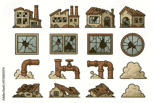 Collection of abandoned buildings and rusty pipes with broken windows
