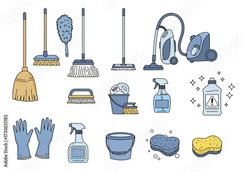 Cleaning supplies image mops sponges vacuums buckets brushes gloves and disinfectant on a white background