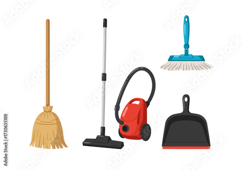 Cleaning tools a broom vacuum mop and dustpan arranged against a white backdrop