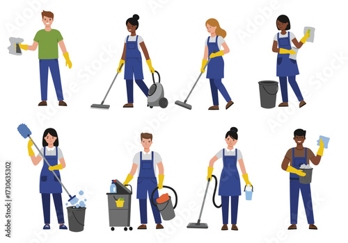 Eight diverse figures in blue overalls engaged in cleaning tasks