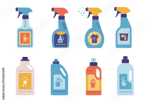 Eight cleaning product bottles of different shapes colors and icons stand against a white background