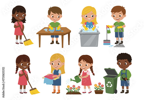 Eight cartoon kids performing household chores