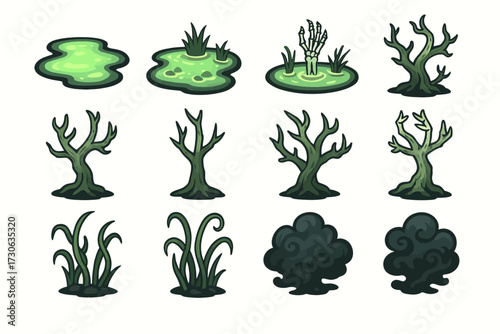 Collection of stylized swamp elements with trees and grass designs