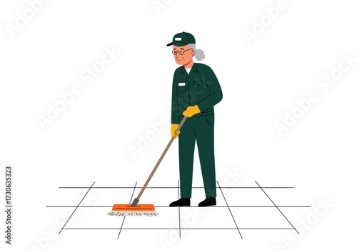 Elderly cleaner mops tile floor wearing green uniform gloves glasses and cap