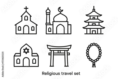 Religious travel icons set: church, mosque, pagoda, synagogue, torii, prayer beads
