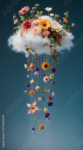 Colorful flowers cascade from a fluffy cloud like rain