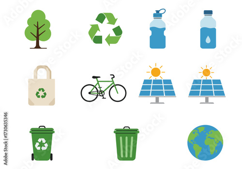 Environment icons tree recycle water bottle bag bike solar panel trash bin earth