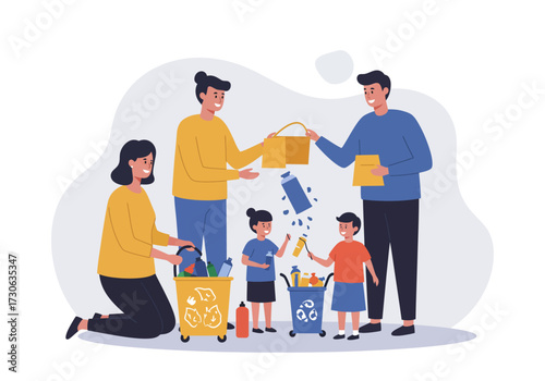 Family recycling at home adults passing containers children sorting trash into yellow and blue bins