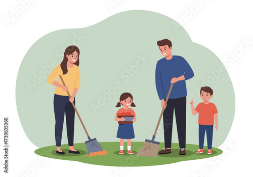 Family sweeps leaves outdoors Mom dad and kids cleanup