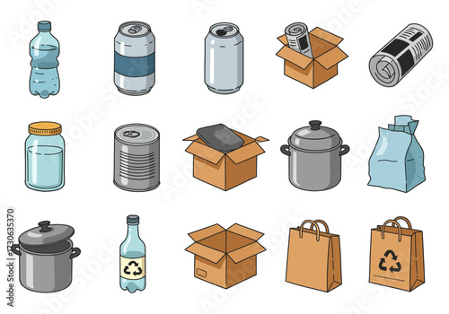 Fifteen items are shown on a white background including cans bottles boxes pots paper bags and recycling symbols
