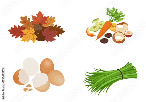 Four groups of compostable materials leaves food scraps eggshells chives