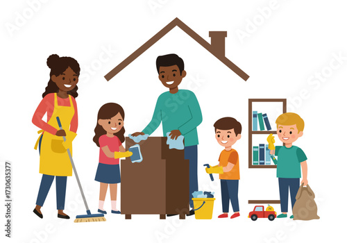 Family cleans house together a mother father and 3 children