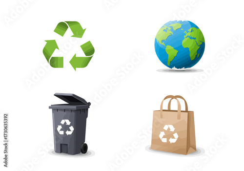 Four icons recycling symbol Earth trash bin  a bag