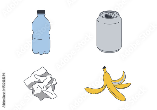Four images of waste plastic bottle metal can crumpled paper banana peel