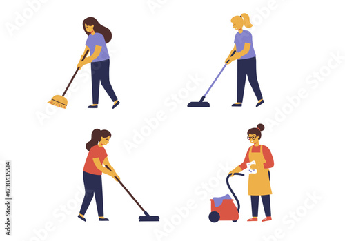 Four women cleaning one sweeping two vacuuming and one with a cleaning cart and supplies