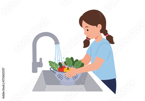 Girl washing vegetables in a colander under a kitchen faucet with running water