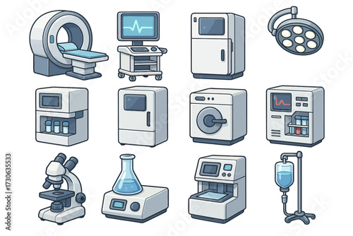 Collection of medical equipment icons including mri, microscope, ventilator